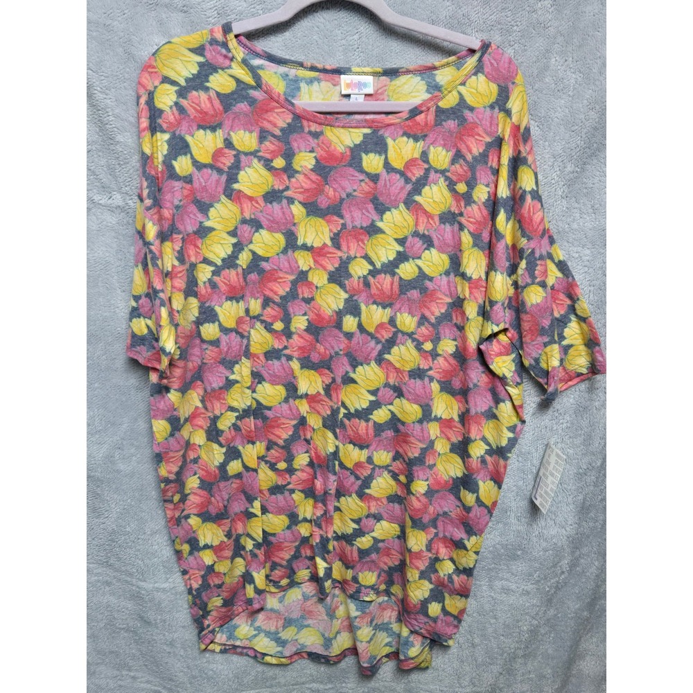 LuLaRoe Irma Tunic Top Large L Pink Yellow Floral Tulip High Low Short Sleeve